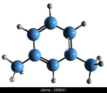 3D image de la formule du squelette de xylène - structure chimique moléculaire du xylol pétrochimique isolé sur fond blanc Banque D'Images