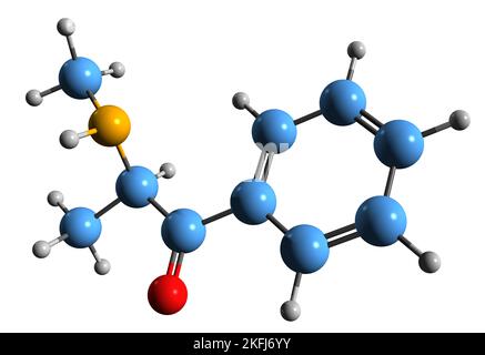 3D image de la formule squelettique de la méthcathinone - structure chimique moléculaire de l'éphédrine alcaloïde monoamine isolée sur fond blanc Banque D'Images