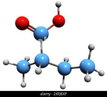 3D image de la formule squelettique de l'acide méthyl-éthyl-acétique - structure chimique moléculaire du composé organique isolé sur fond blanc Banque D'Images