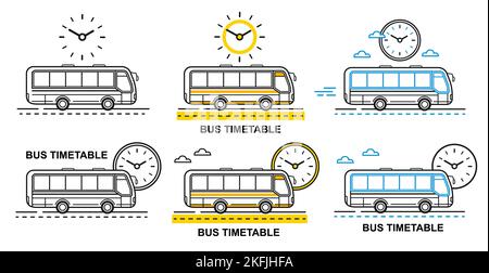 Horaires de bus, horaires de voyage, arrivée, heure de départ ville public transport de passagers icône de ligne. Bus automatique avec horloge. Voyage touristique. Vecteur Illustration de Vecteur