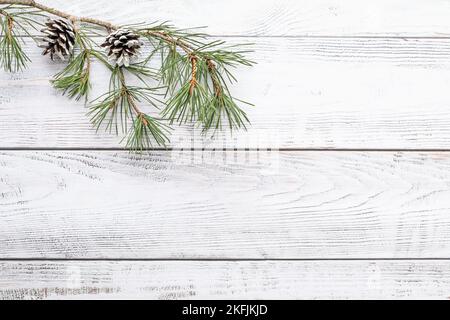 Branche de pin sur fond de bois blanc pour les motifs de vacances d'hiver, plat, espace de copie Banque D'Images