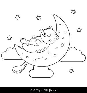 Illustration du contour d'un chat mignon endormi sur la lune. Livre de coloriage vectoriel. Illustration de Vecteur