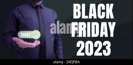 Légende du texte présentant Black Friday 2023. Journée de photo conceptuelle après Thanksgiving Promotions Shopping Day Banque D'Images