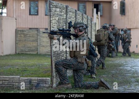 Les Marines des États-Unis, avec la Force maritime à but spécial (MSPF), 26th Marine Expeditionary Unit (MEU), assurent la sécurité pendant un élément de sécurité et un cours d'habilitation (SEEC) sur la base du corps maritime Camp Lejeune, Caroline du Nord, le 7 novembre 2022. Le SEEC fournit une stratégie de tir de combat avancée et une formation tactique de petite unité afin de fournir à la Force opérationnelle aérienne marine un élément capable de soutenir et de renforcer l'élément d'assaut du détachement de reconnaissance lorsqu'il est déployé. (É.-U. Photo du corps marin par lance Cpl. Rafael Brambila-Pelayo) Banque D'Images