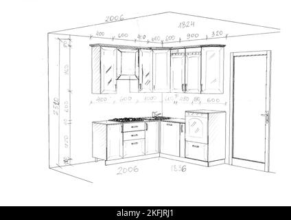 dessin, esquisse de meubles de cuisine avec des dimensions Banque D'Images
