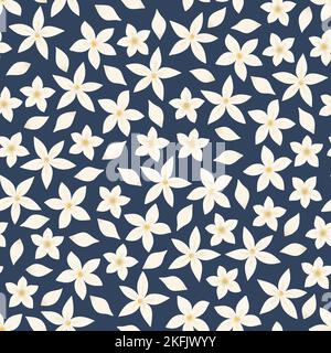 Fleurs et pétales de jasmin blancs sur fond bleu foncé. Motif sans couture avec fleurs géométriques dessinées à la main isolées pour le tissu et l'emballage Banque D'Images