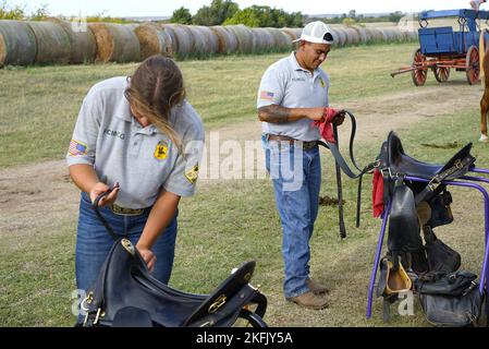 PFC. Lydia Hickle et Sgt. Vincent Aquino, les soldats de la Garde couleur de la montagne du fort Carson (FCMCG), préparent leurs selles pour le Concours national de cavalerie 2022 sur le site historique fort Reno à El Reno, en Oklahoma, le 21 septembre 2022. Le Concours national de cavalerie 2022 sera la première fois que cette équipe du GCMFC sera en compétition au niveau national. Banque D'Images