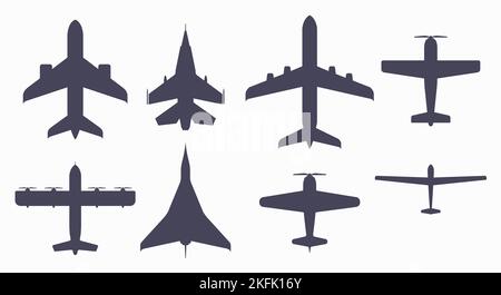 Huit avions de différents types silhouette d'avion avec ombre ...
