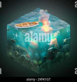 Scène d'éruption volcanique sous-marine avec bateau, épave, requin, tortue, poissons. 3d rendu. Concept cubique Banque D'Images