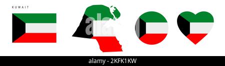 Ensemble d'icônes de drapeau koweïtien. Pénitence koweïtienne dans les couleurs et les proportions officielles. Rectangulaire, en forme de carte, en forme de cercle et de coeur. Illustration plate isolée Banque D'Images