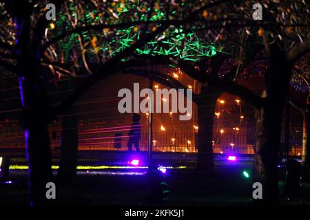 Les gens font le tour des installations de lumière de vacances à Lightscape, un sentier immersif illuminé et sombre qui célèbre la beauté de l'hiver, au jardin botanique de Brooklyn, vendredi, à 18 novembre 2022, à New York. Photo de John Angelillo/UPI Banque D'Images