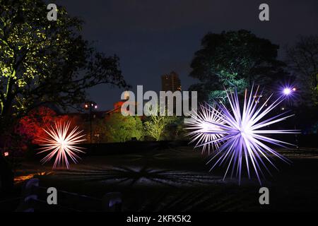 Les gens font le tour des installations de lumière de vacances à Lightscape, un sentier immersif illuminé et sombre qui célèbre la beauté de l'hiver, au jardin botanique de Brooklyn, vendredi, à 18 novembre 2022, à New York. Photo de John Angelillo/UPI Banque D'Images