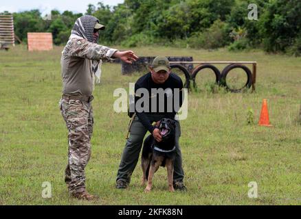 Sergent d'état-major de la Force aérienne des États-Unis Gary Giddings, instructeur de chien de travail militaire de l'escadron 736th des forces de sécurité, donne des instructions à l'officier Ben Cruz, commandant de la Division des armes et tactiques spéciales du département de police de Guam 9, lors d'un cours d'immersion de chien de travail militaire à Northwest Field, Guam, le 22 septembre 2022. M. Giddings et les autres membres de l'équipe MWD 736th du SFS ont déclaré qu'ils prévoyaient d'augmenter le nombre de formations conjointes avec les organismes locaux de Guam et les équipes des autres services militaires de Guam. Banque D'Images