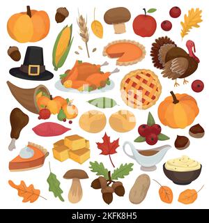 Fêtes de Thanksgiving choses et objets liés. Collection d'illustrations dessinées à la main et de dessins animés vectoriels. Illustration de Vecteur