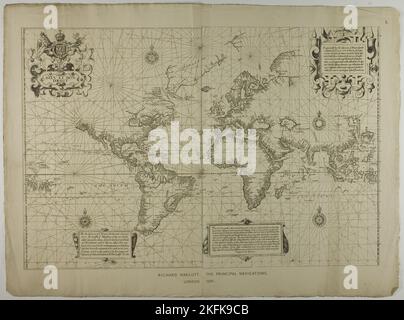 Richard Hakluyt, le principal navigateur, Londres, 1599, réimprimé en 1889. Carte du monde. L'Australie n'était pas encore « couverte ». "Par les découvertes de Sir Francis Drake fait dans la yeare 1577, les straights de Magellane (comme ils sont appelés Comonly) seeme pour être rien els mais des terres cassées et des Ilands et la côte sud-ouest de l'Amérique appelée Chili a été trouvé, Pas de tendance vers le nord-ouest comme il a décrit beth beene mais vers l'est du nord comme il est heere set downe: Qui est également confirmé par les voyages et les découvertes de Pedro Sarmiento et de M. Tho. Candish Ao 1587'. Banque D'Images