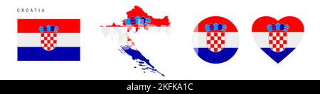 Ensemble d'icônes de drapeau de Croatie. Fennant croate dans les couleurs et les proportions officielles. Rectangulaire, en forme de carte, en forme de cercle et de coeur. Isolat d'illustration plate Banque D'Images