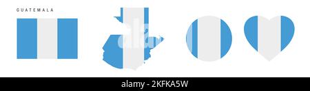 Icône drapeau Guatemala définie. Pénitence guatémaltèque dans les couleurs et les proportions officielles. Rectangulaire, en forme de carte, en forme de cercle et de coeur. L'illustration plate est Banque D'Images