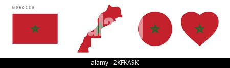 Ensemble d'icônes de drapeau marocain. Fant marocain dans les couleurs et les proportions officielles. Rectangulaire, en forme de carte, en forme de cercle et de coeur. Isolat d'illustration plate Banque D'Images