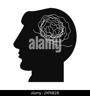 Pensées confuses. Une tête humaine avec une boule de pensées. Illustration plate isolée sur fond blanc. Banque D'Images