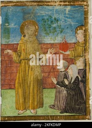 Saint François d'Assise avec des donateurs dans une initiale historique d'un manuscrit non identifié, c. 1400. Banque D'Images