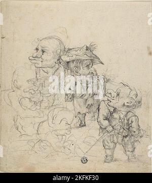 Cinq caricatures des hommes (recto); esquisse de la figure masculine et de l'oiseau (verso), n.d. Suiveur de Faustino Bocchi. Banque D'Images