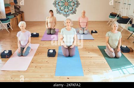 Cours de yoga, exercice et groupe ensemble pour la méditation, le bien-être et la santé pendant un entraînement zen, chakra ou spirituel. Les personnes âgées au studio pour la paix Banque D'Images