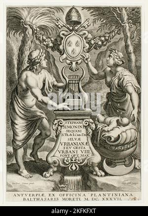 Page de titre de Silvae Urbanianae, 1637. Apollon et Erato sur autel avec lyre et crête du Pape urbain VIII Page de titre pour Stephani Simonini sequani, S. th. &Amp ; I. CAN. Doc. Silvae Urbanianae, seu Gesta Urbani VIII Pont. En option Max. Banque D'Images