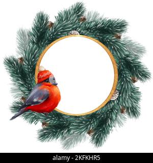 Oiseau Bullfinch avec couronne de Noël. Illustration de l'hiver. Cadre décoratif. Banque D'Images