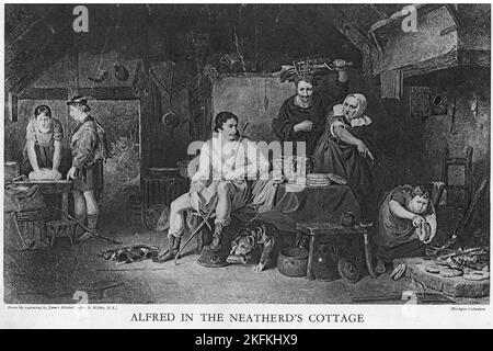 Demi-ton du roi Alfred Alfred (c.848 – 899) du royaume de Wessex dans le chalet de la neatherd, tiré d'une publication éducative, 1927. La légende raconte que lorsqu'Alfred s'est enfui vers les niveaux du Somerset, il a été accueilli par une paysanne qui, ignorant son identité, l'a laissé regarder des gâteaux qu'elle avait laissés cuire sur le feu. Préoccupé par les problèmes de son royaume, Alfred a accidentellement laissé les gâteaux brûler. Banque D'Images