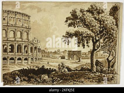 Vue sur le Colisée romain et l'Arc de Titus, avec couple à Foreground, N.D. Attribué à Giuseppe fini. Banque D'Images