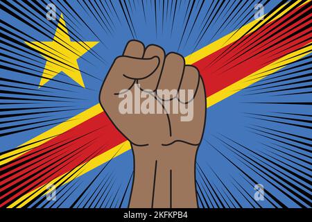 Symbole de poing humain sur fond de drapeau de la RD Congo. Logo puissance et force Illustration de Vecteur