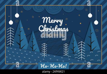 Inscription Joyeux Noël et bonne nouvelle année bannière de noël en papier style paysage d'hiver avec sapins Illustration de Vecteur