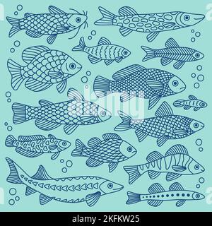 Ensemble de poissons de différentes formes avec divers motifs dessinés à la main, isolés. Animaux marins, mer, voyage. Illustration de Vecteur