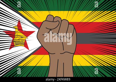 Symbole éteint de poing humain sur fond de drapeau du Zimbabwe. Logo puissance et force Illustration de Vecteur