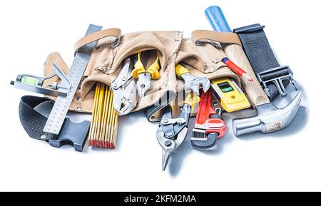 outils de construction en cuir ceinture à outils isolée sur blanc Banque D'Images