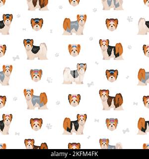 Motif sans coutures Biewer Yorkshire Terrier. Différentes poses, ensemble de couleurs de pelage. Illustration vectorielle Illustration de Vecteur