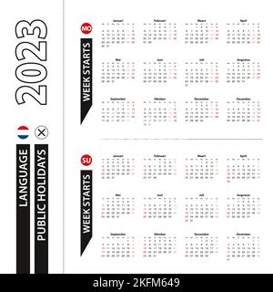 Deux versions du calendrier 2023 en néerlandais, la semaine commence à partir du lundi et la semaine commence à partir du dimanche. Modèle vectoriel. Illustration de Vecteur