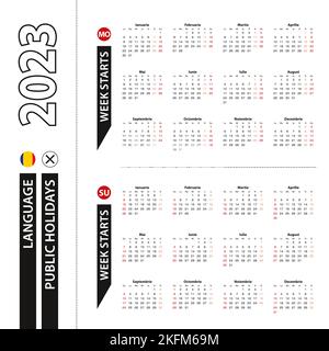 Deux versions du calendrier 2023 en roumain, la semaine commence à partir du lundi et la semaine commence à partir du dimanche. Modèle vectoriel. Illustration de Vecteur