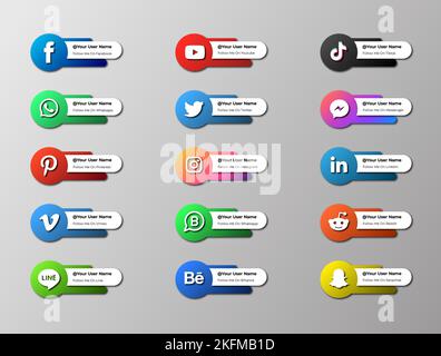 Ensemble d'icônes sociales de style dégradé avec nom d'utilisateur, vecteur de bouton social réaliste, ensemble d'icônes de médias sociaux les plus populaires. Illustration de Vecteur