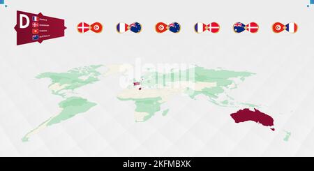 Les participants du groupe D du tournoi de football, mis en évidence en bordeaux sur la carte du monde. Tous les jeux de groupe. Illustration vectorielle. Illustration de Vecteur