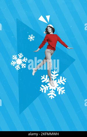 Collage photo créatif vertical de jeune fille gaie satisfaite bonne humeur dansant sur des flocons de neige isolés sur fond bleu Banque D'Images