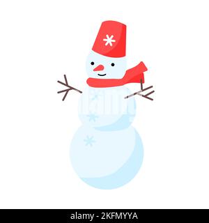 Bonhomme de neige avec seau sur tête isolé sur fond blanc. Illustration vectorielle. Drôle de dessin animé élément d'hiver. Illustration de Vecteur