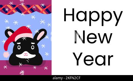 Lapin noir de dessin animé en chapeau de Père Noël, carte postale de noël avec salutation minimaliste avec police web classique Illustration de Vecteur