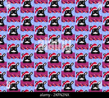 Dessin animé lapin noir dans chapeau de Père Noël, symbole du nouvel an chinois, motif sans couture Illustration de Vecteur