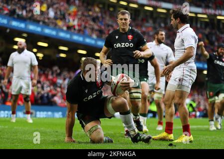 Cardiff, Royaume-Uni. 19th novembre 2022. JAC Morgan du pays de Galles marque ses équipes 1st TRY. Match de rugby de la série des nations d'automne 2022, pays de Galles v Géorgie au stade de la Principauté à Cardiff le samedi 19th novembre 2022. photo par Andrew Orchard/Andrew Orchard sports Photography/Alay Live News crédit: Andrew Orchard sports Photography/Alay Live News Banque D'Images