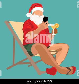 Caricature Santa Claus sirotant une margarita sous les tropiques. Le caricature Santa Claus aime un cocktail de noix de coco sous un parapluie, qui peut dormir sur une chaise de plage Illustration de Vecteur