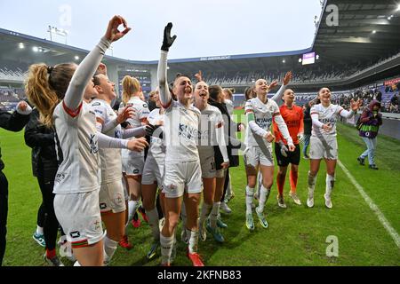 Bruxelles, Belgique. 19th novembre 2022. Les joueuses de l'OHL fêtent après avoir remporté un match de football entre RSC Anderlecht et OH Leuven, le samedi 19 novembre 2022 à Bruxelles, le 11 e jour de la compétition de football de première division de la Ligue belge « Super » 2022-2023. BELGA PHOTO DAVID CATRY crédit: Belga News Agency/Alay Live News Banque D'Images