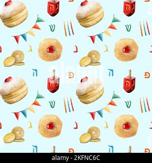 Chanukah Donut sans couture avec sufganiyot, dessert traditionnel juif pendant les vacances de Hanukkah, drêdels, drapeaux et pièces de monnaie Banque D'Images