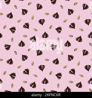 Motif rose et marron sans couture avec des bruns au chocolat, des baisers, des pistaches, un fond aquarelle dessiné à la main pour les dessins de boulangerie, papier cadeau Banque D'Images