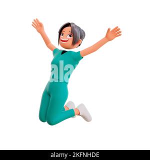 Une jeune fille de 3D dessins animés sautant avec un visage heureux isolé sur un fond blanc Banque D'Images